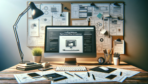 An image depicting a web designer's workspace, highlighting elements like a computer with a website design and notes, symbolizing the creation of a sales funnel and website conversion strategy.
