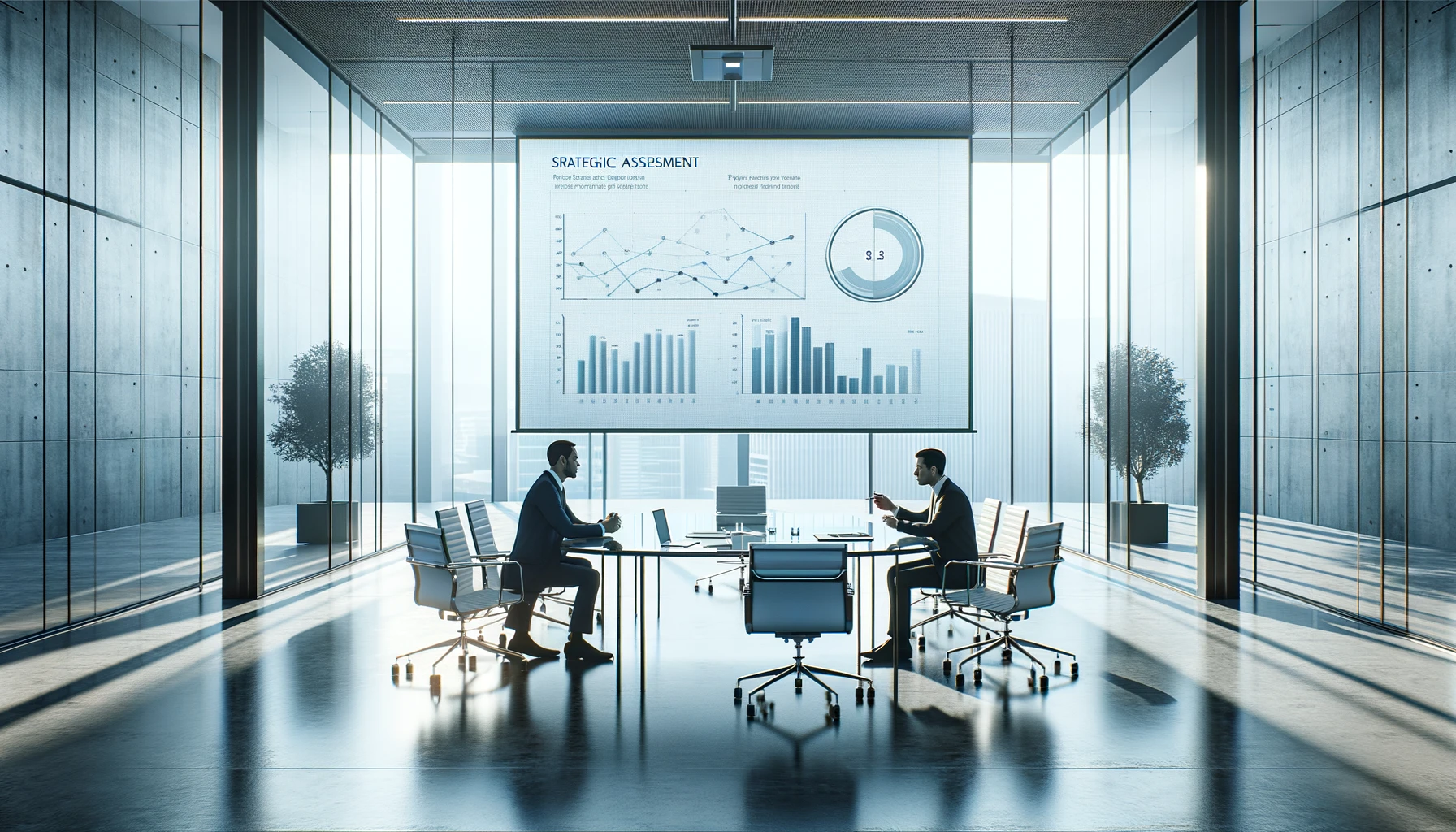 A minimalist corporate setting with a sleek, glass conference table where two professionals are engaged in a focused strategic discussion, with a large screen displaying a clear graph of key performance indicators in the background, highlighting clarity and insight in strategic planning.