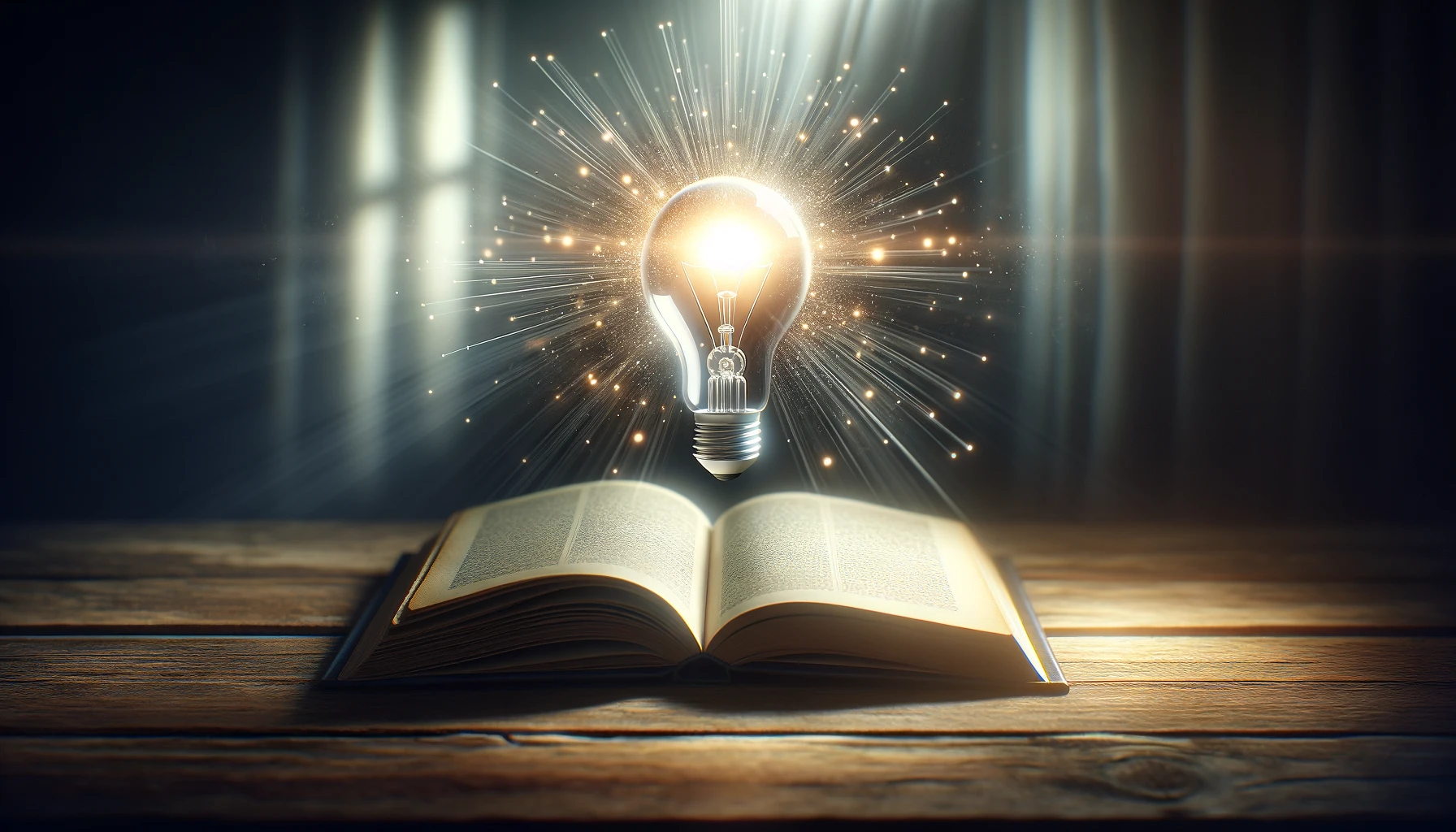 A wide, photorealistic image depicting an open book on a wooden desk, radiating a soft glow, with a bright lightbulb floating above it, symbolizing the enlightenment and innovation achieved through learning, set against a softly blurred background to emphasize focus and contemplation.