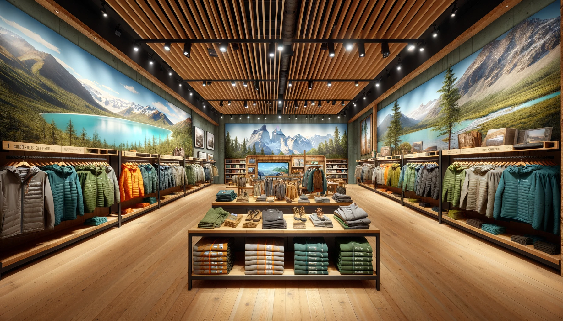 Outdoor store floor with outdoor clothes and outdoor decor