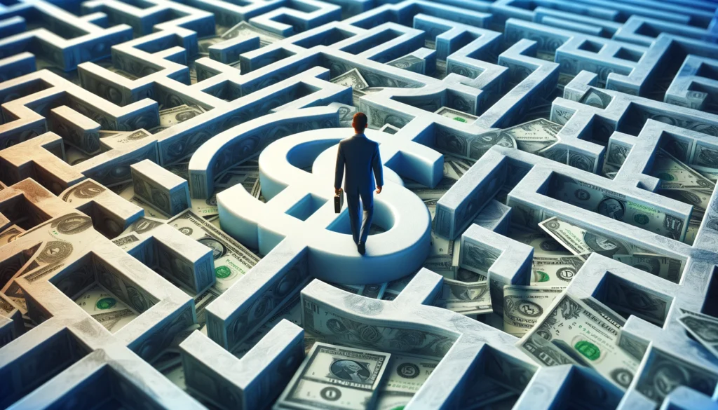 A person carefully navigating through the intricate pathways of a money-built maze, illustrating the concept of economic adaptation and the strategic maneuvers required for successful business strategy.