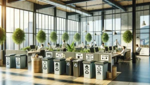 A modern office space illuminated by natural light, showcasing waste reduction efforts with multiple recycling bins for paper, plastic, and organic materials, and lean management principles through its efficient, minimalistic design and integrated greenery.