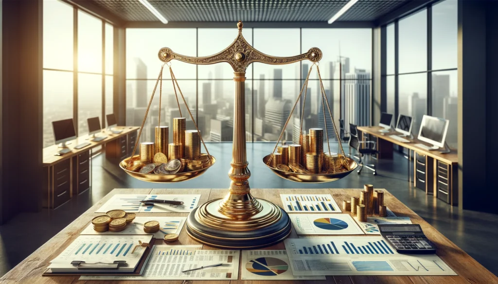 A photorealistic image of a balance scale in a modern office, balancing gold coins and financial documents, symbolizing business analysis and market competition against a cityscape backdrop.