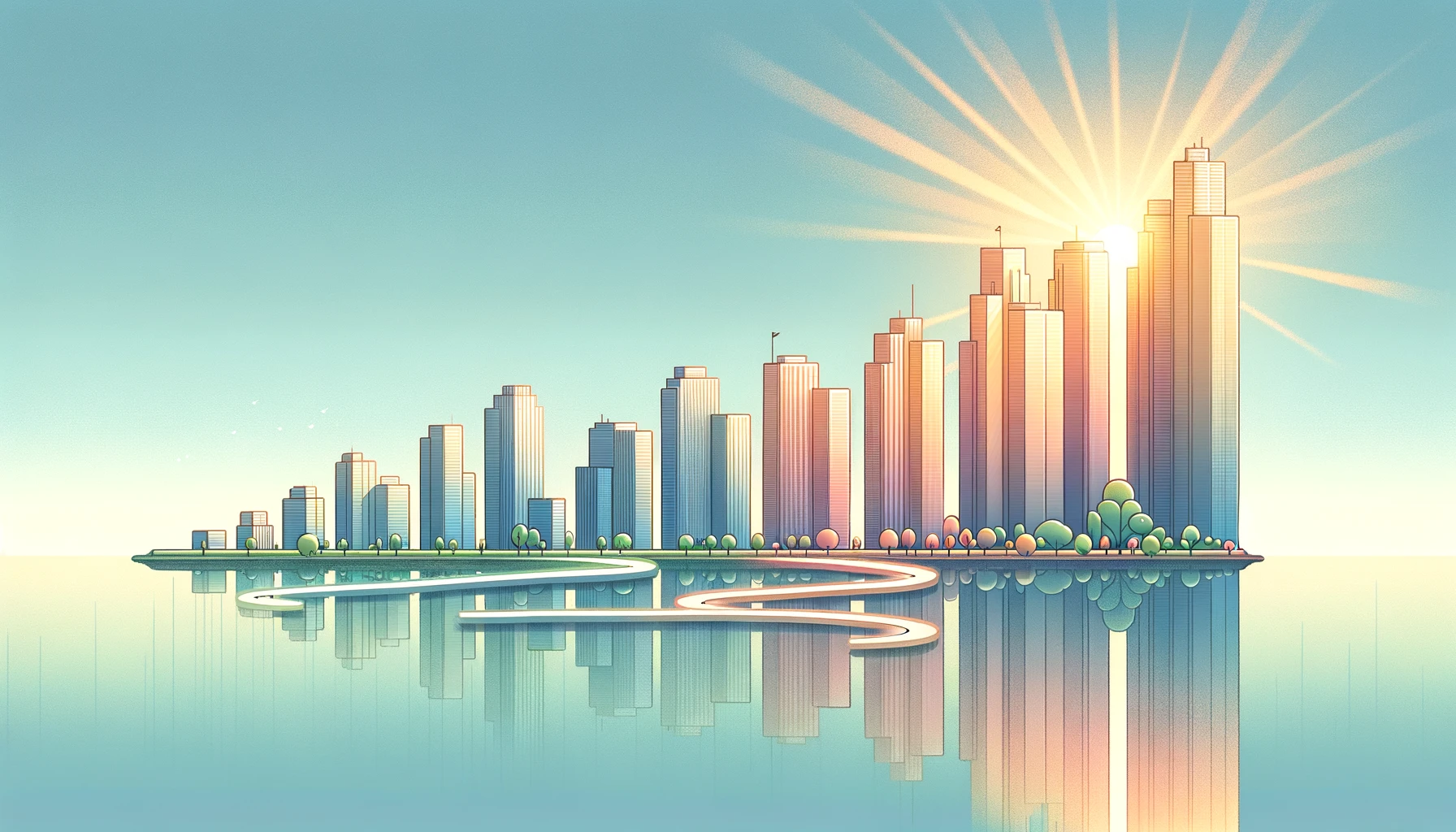A wide, minimalist landscape of buildings transitioning from small structures to towering skyscrapers, representing business growth and scaling against a backdrop of dawn to midday, symbolizing business analysis and market competition.