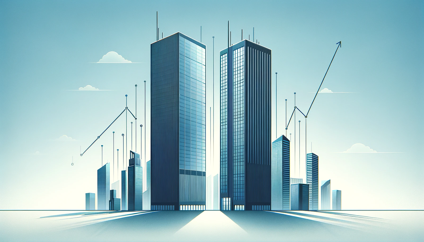 Two modern skyscrapers side by side under a blue sky, symbolizing market competition and business analysis, with a dashed growth chart between them.