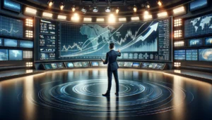 A man presents financial planning and business forecasting on a digital screen in a modern studio, surrounded by financial graphs and symbols.