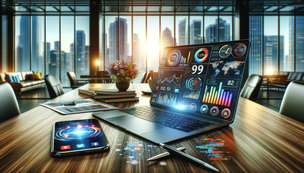 A photo-realistic wide image showcasing a contemporary office setting, centered around the themes of online marketing and conversion rate optimization. A sleek desk holds a high-end laptop displaying a colorful marketing dashboard with various graphs highlighting metrics crucial for conversion rate optimization. Beside the laptop, a smartphone rests, showing social media apps with visible notifications for likes, comments, and shares. The backdrop features a large window with a view of a bustling cityscape, symbolizing the global reach and dynamic nature of online marketing.