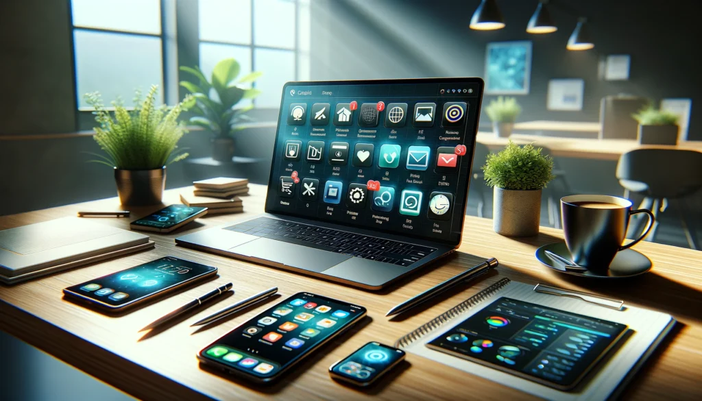 A photorealistic image of a modern workspace designed for business efficiency, featuring a sleek laptop with icons for productivity apps including a calendar, email, project management software, and financial tracking tool. The scene is enriched with a smartphone showing notifications, a digital tablet with a stylus, a cup of coffee, and green plants, all set on a wooden desk under natural light to highlight an optimal setup for small business productivity.