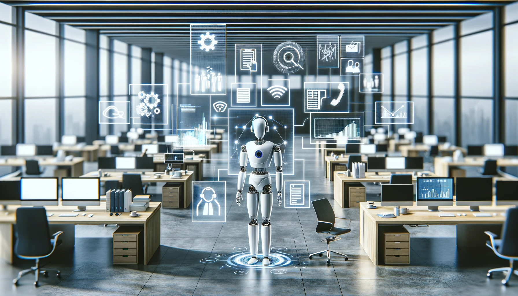 A wide image depicting Business Process Automation through a central AI or robot figure multitasking in a minimalist office, surrounded by Efficiency Tools like digital screens and documents, symbolizing streamlined operations and productivity.