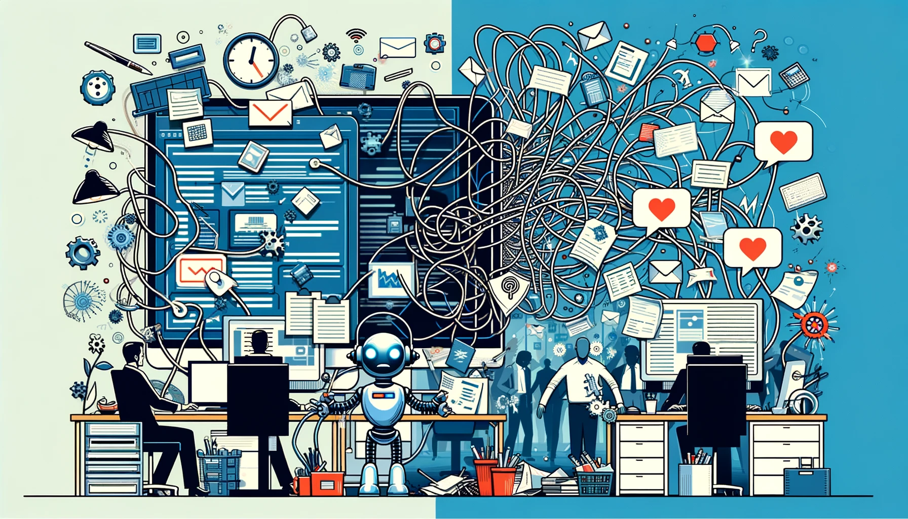 A wide, simple image illustrating the pitfalls of Business Process Automation, featuring challenges like error messages and tangled wires on the left, and overwhelmed employees on the right, highlighting the need for careful implementation of Efficiency Tools.
