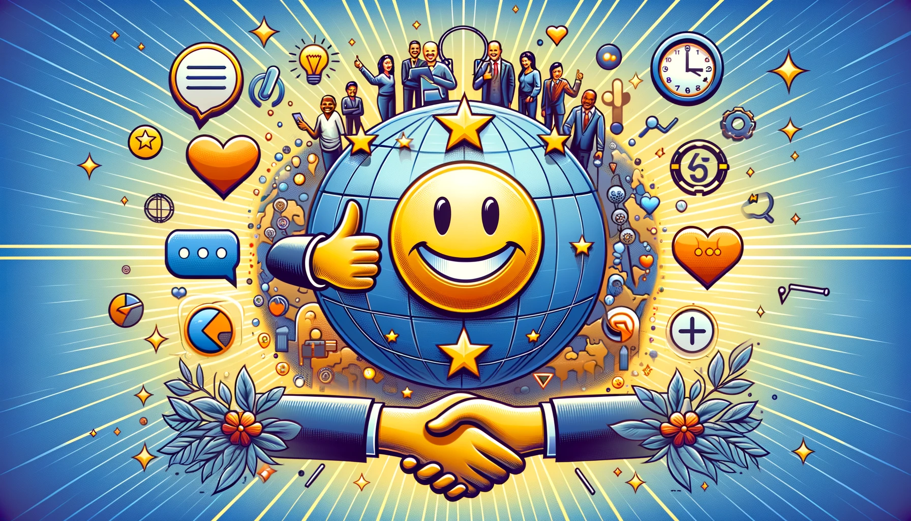 A wide image showcasing customer satisfaction in relation to Business Process Automation and Efficiency Tools, featuring a central smiling face with a thumbs up, surrounded by symbols like a heart, chat bubble, clock, five-star rating, handshake, and a globe, against a soft background, illustrating the global impact of excellent customer service.