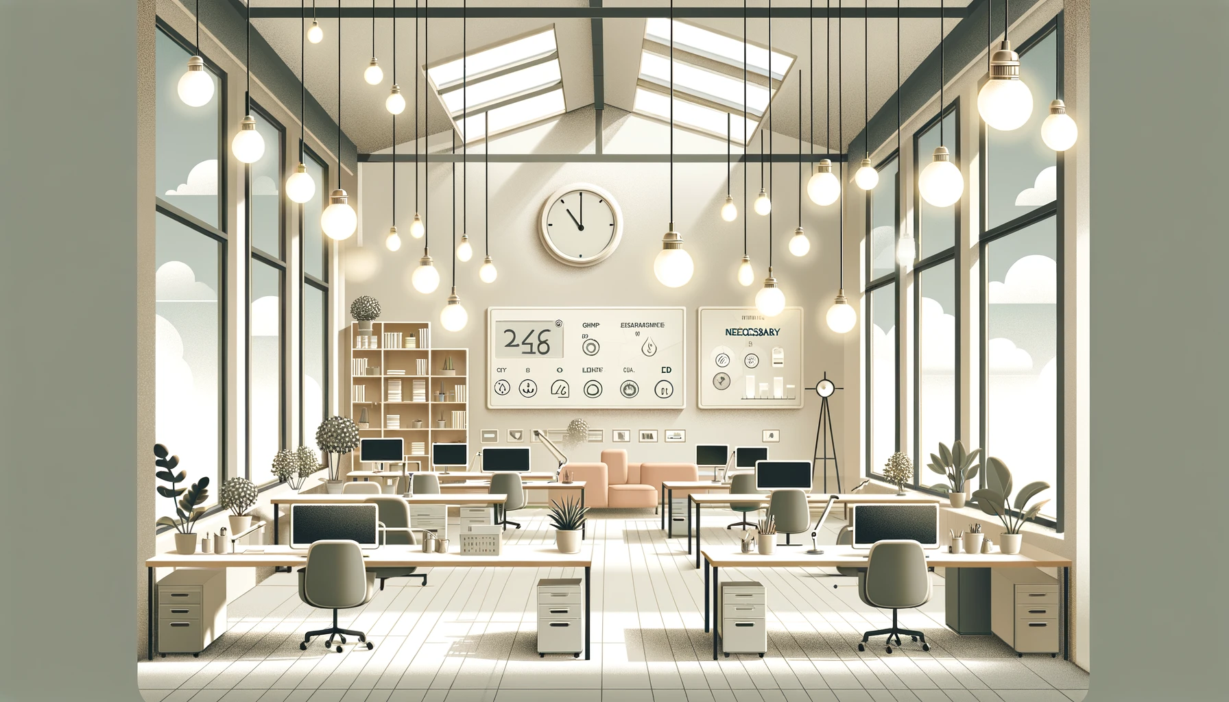 A modern, minimalist office designed for operational efficiency and resource management, featuring large windows for natural light, energy-saving LED bulbs, and a digital display of energy consumption.