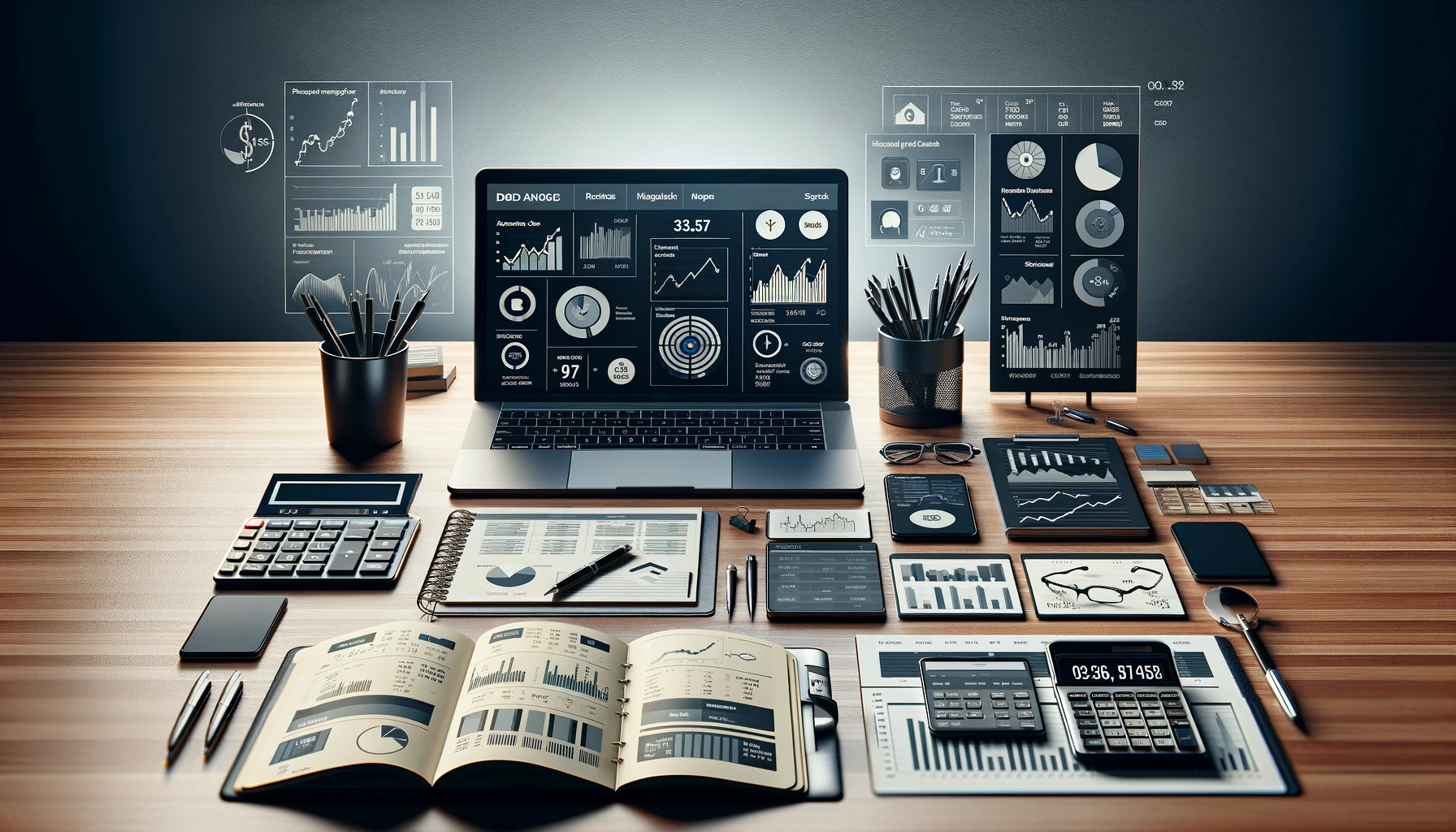 A wide array of financial planning tools on a polished wood desk, including a calculator, laptop with financial software, notebook with goals, and charts.