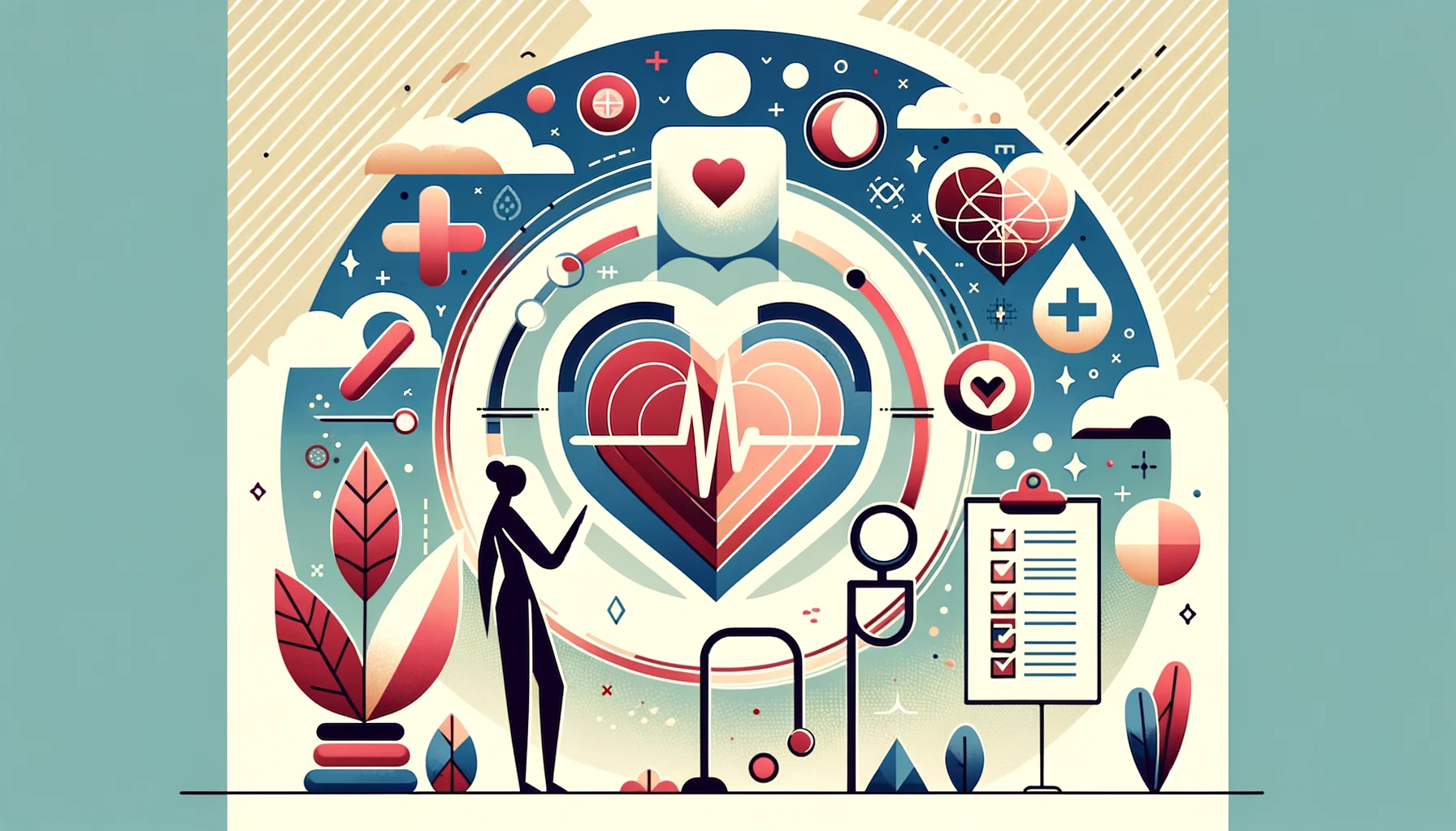 A simple, wide image depicting a health check-in, symbolizing employee health and workplace safety with icons such as a heart, a stethoscope, and a checklist, emphasizing the significance of regular health assessments.