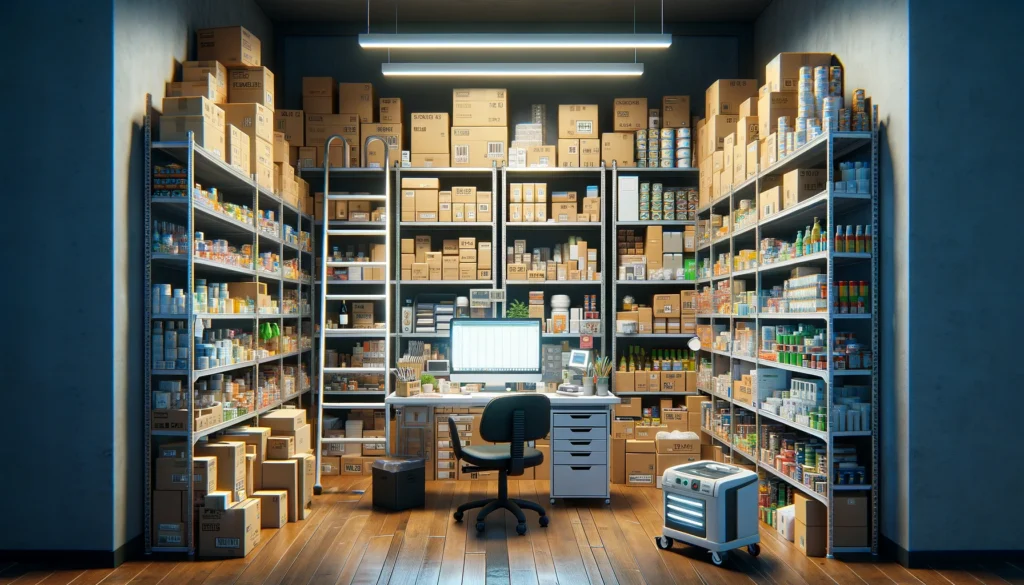 A fully stocked, well-organized small business inventory room demonstrating inventory optimization and supply chain efficiency, with neatly arranged products on shelves and an inventory management workstation.