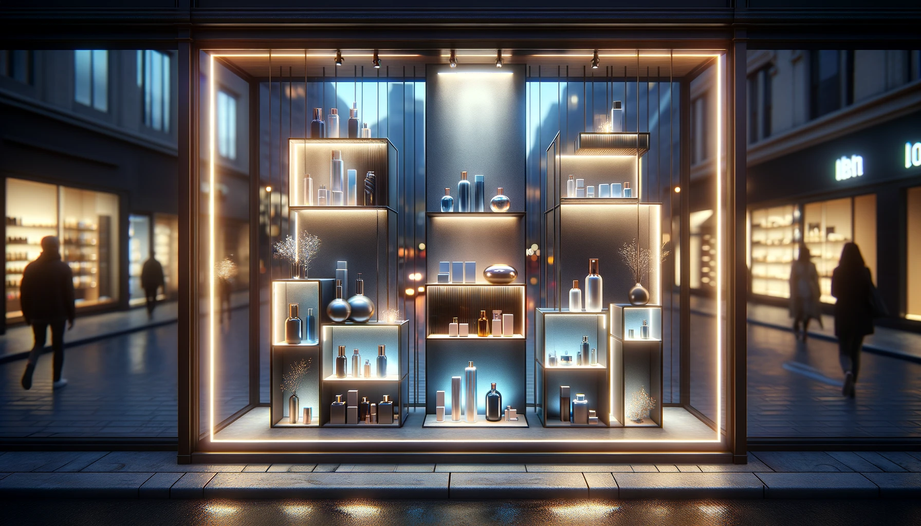 A captivating window display design at dusk, featuring an array of contemporary products elegantly arranged on glass shelves. LED lights, embedded within the shelves, illuminate the display, creating a mesmerizing visual merchandising effect. These lights, transitioning in color from warm amber to cool blue, highlight the products and their details, drawing attention with their atmospheric glow. The urban backdrop, slightly blurred, focuses on the illuminated display, enhanced by city lights reflections, showcasing effective visual merchandising techniques.