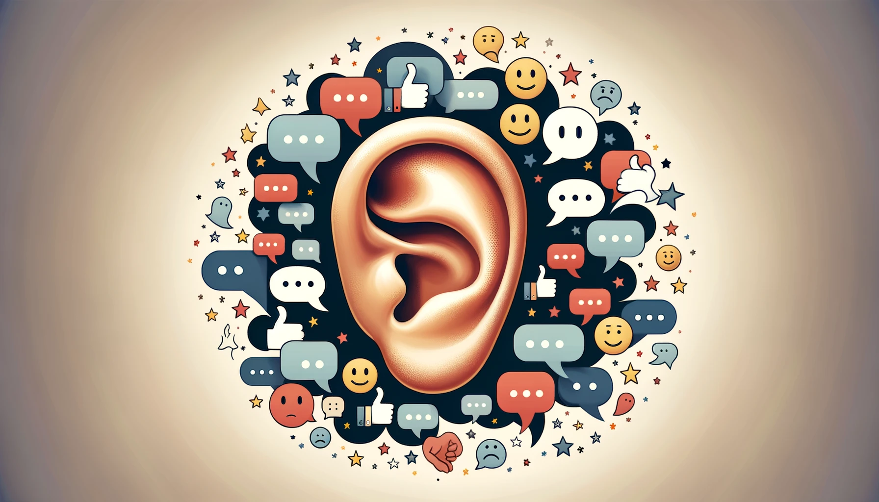 An ear centered in a wide image, surrounded by speech bubbles containing symbols of online customer feedback. Scattered around are thumbs up, thumbs down, smiley faces, and frowny faces, illustrating a company's engagement with feedback for business innovation.