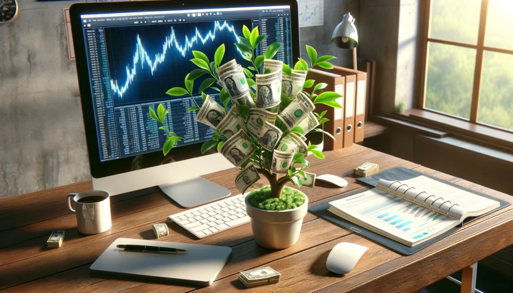 A photorealistic image depicting a small 'money plant' with currency notes organically growing from its branches, set on an office desk equipped with a desktop computer displaying financial charts, symbolizing effective resources management and operational strategy.