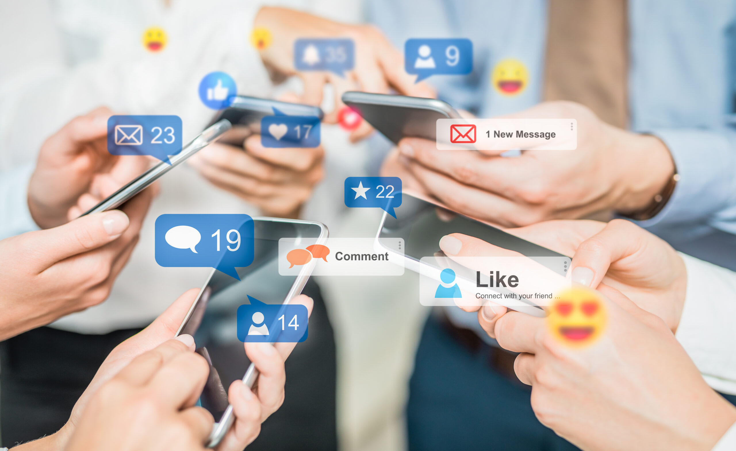 Several people on their phones on social media with floating icons representing likes, shares, and comments. The image represents the key role that social media can play in online engagement for small businesses.