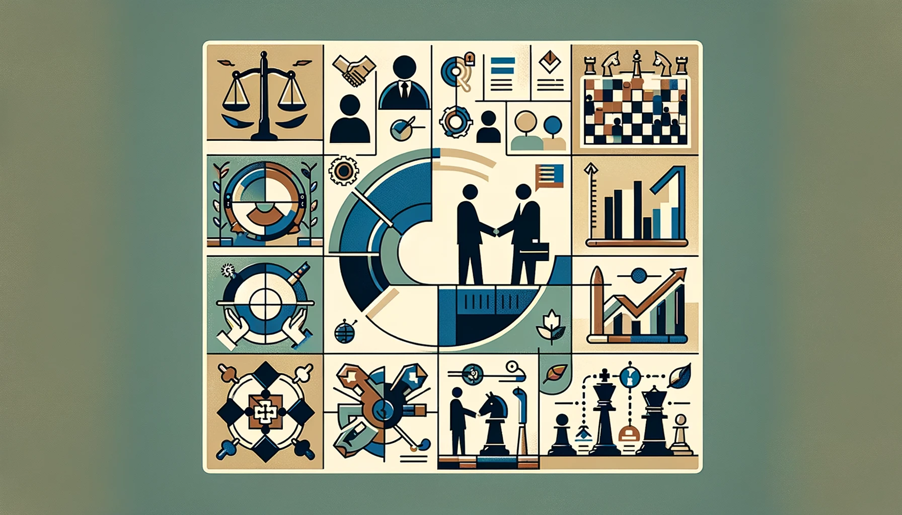 A wide, simple image depicting Engaging in Continuous Learning and Improvement: a balance scale for win-win, handshake for agreement, chessboard for strategy, and bridge for bridging differences, each in distinct sections.