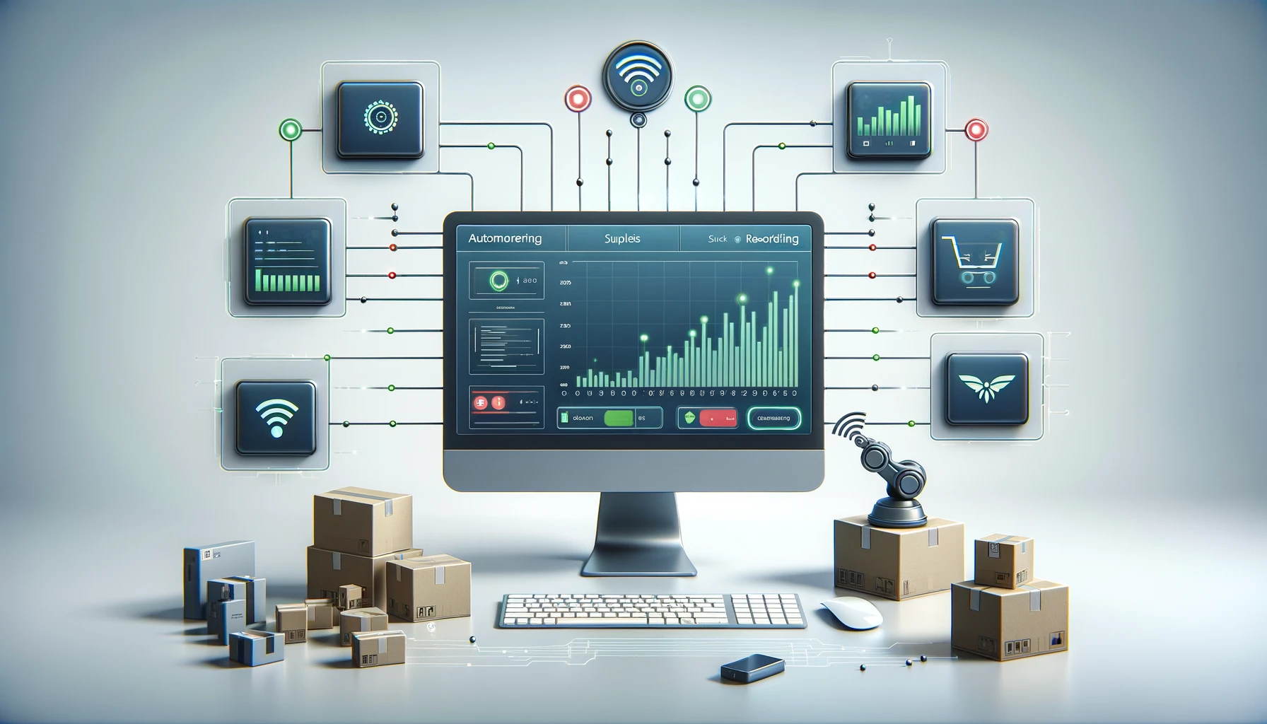 Illustration of an automated reordering system for inventory optimization, featuring a computer dashboard and robotic arm, enhancing small business supply chain efficiency.