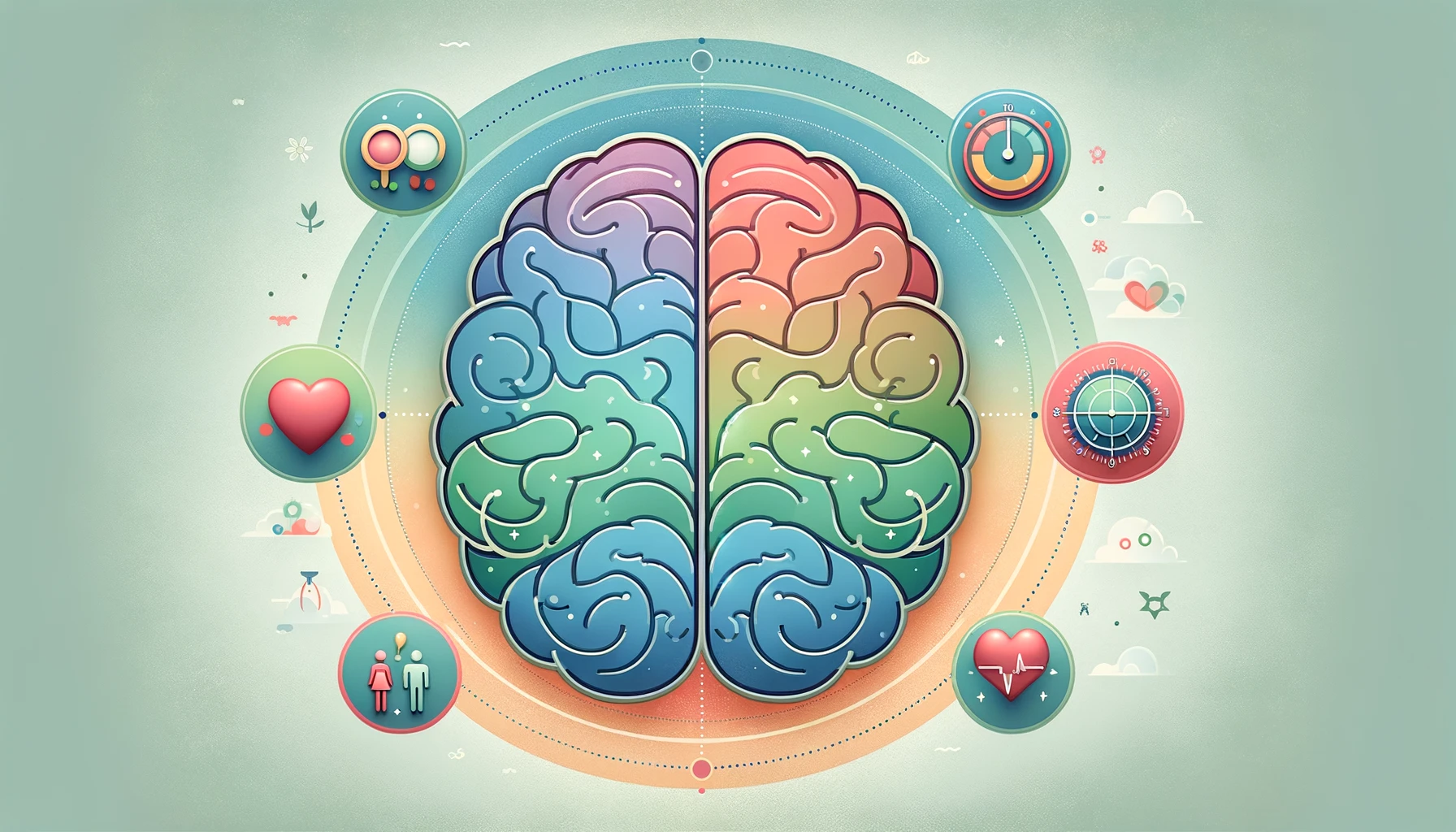 A wide, simple image showcasing the concept of Emotional Intelligence, with a stylized brain divided into colored areas for self-awareness, self-regulation, social awareness, and relationship management, surrounded by relevant icons.