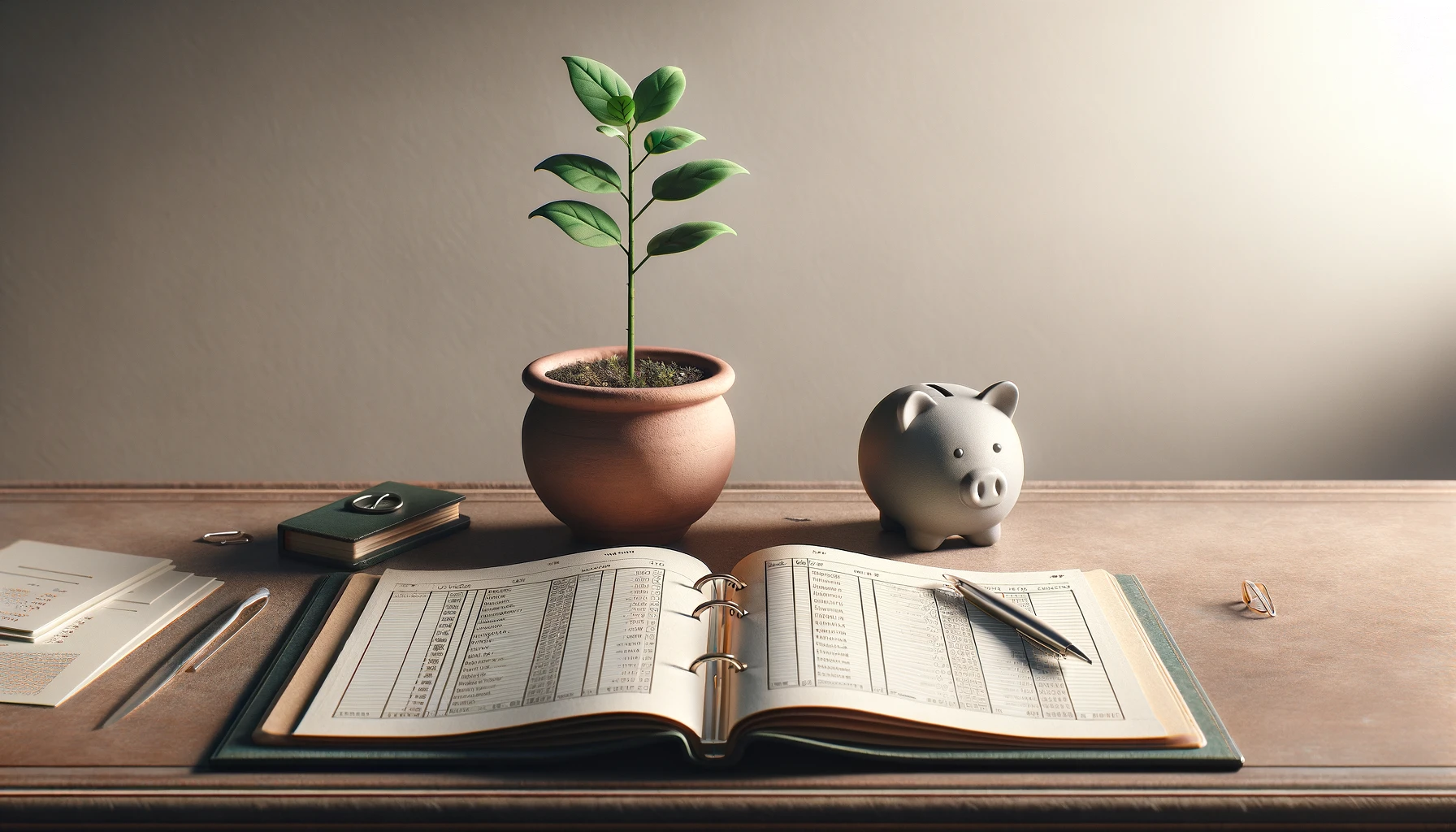 A simple desk with an open ledger on investment strategies, a ceramic piggy bank, and a sapling in a terracotta pot, embodying careful financial growth.