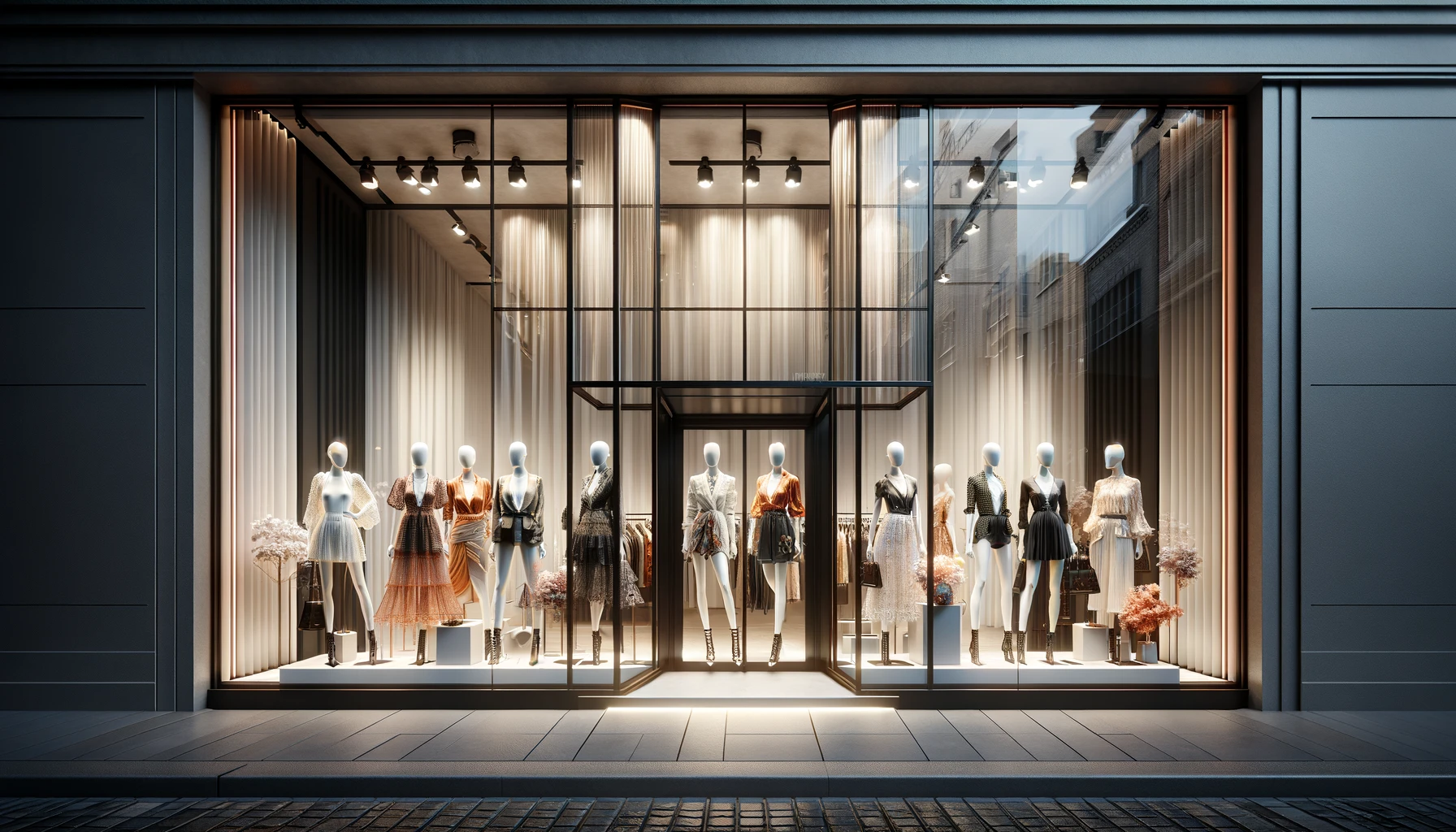 A chic, modern storefront with captivating window displays, featuring mannequins in dynamic poses and trendy outfits, illuminated by sophisticated lighting. No signs or textual elements are present, focusing purely on visual merchandising.