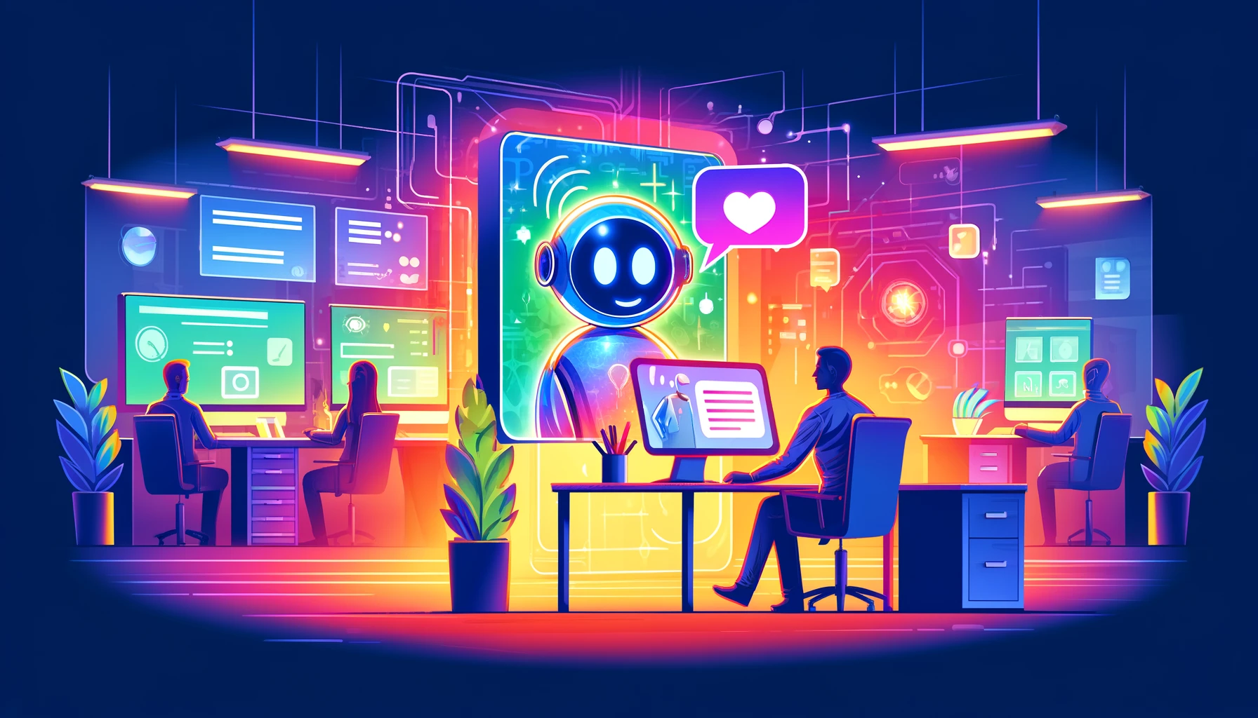 A colorful illustration depicting a tech-forward customer service scenario in a modern support center. The scene shows a customer interacting with an advanced chatbot on a computer screen, which displays a friendly AI interface. The setting is cozy yet modern, equipped with high-tech gear and ambient lighting. The style is vibrant and slightly abstract, emphasizing how artificial intelligence seamlessly integrates into customer support, enhancing efficiency and loyalty.