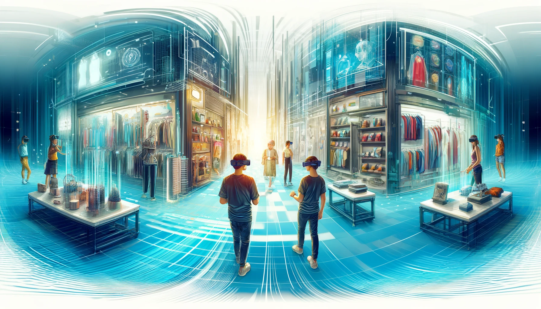 An artistic illustration of a futuristic augmented reality (AR) shopping experience in a retail store. The scene shows customers using AR headsets to try on clothes and accessories virtually. The environment is bright and modern, with digital displays and interactive screens that add to the immersive shopping experience. The style is vibrant and slightly abstract, highlighting the innovation and cutting-edge technology that transforms traditional shopping into an engaging, personalized activity.