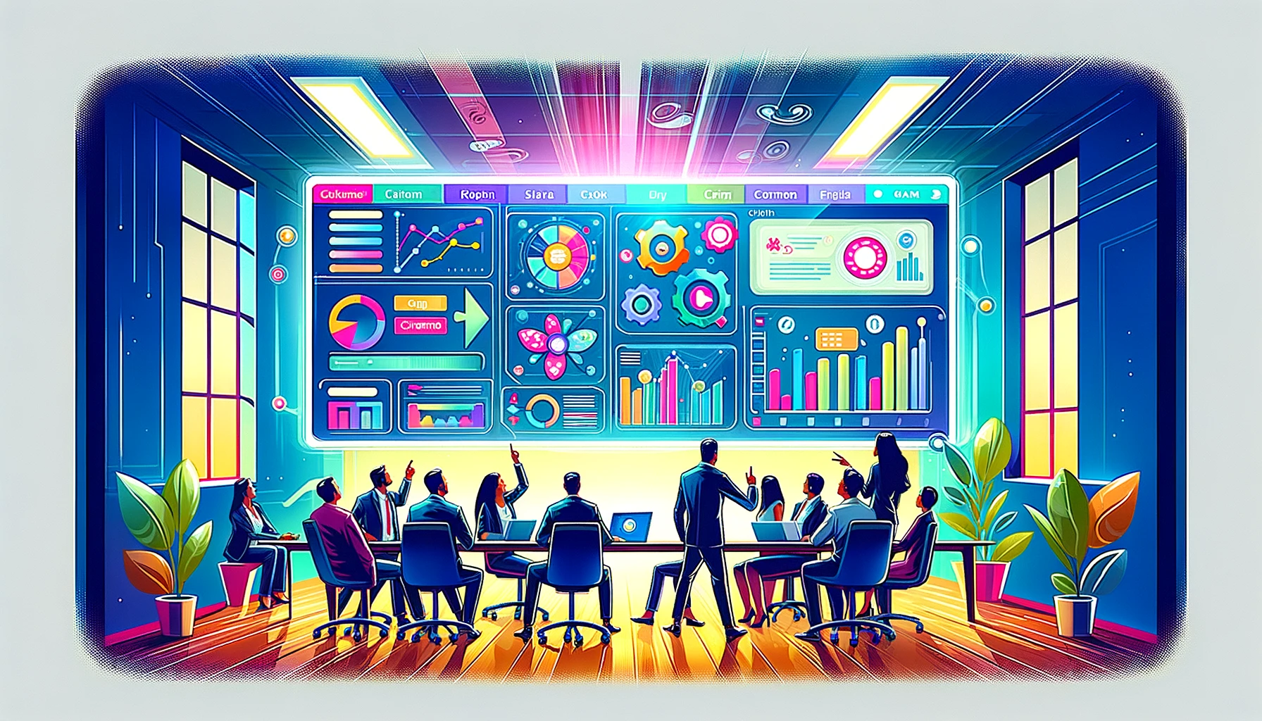 A colorful illustration of a vibrant office setting where a team is actively engaging around a high-tech digital display. The display shows a CRM system dashboard with various customer data points and analytics. Team members are shown discussing and pointing at the screen, highlighting collaboration and strategic planning. The modern and slightly abstract style underscores the importance of technology in managing customer relationships and driving loyalty.