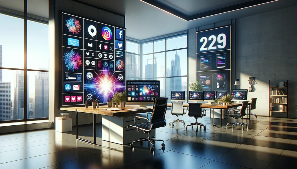 Modern office workspace with multiple screens displaying a cohesive brand experience. One screen features a vibrant logo, another showcases a website interface, and a third displays social media profiles, all illustrating brand consistency and multi-platform marketing.