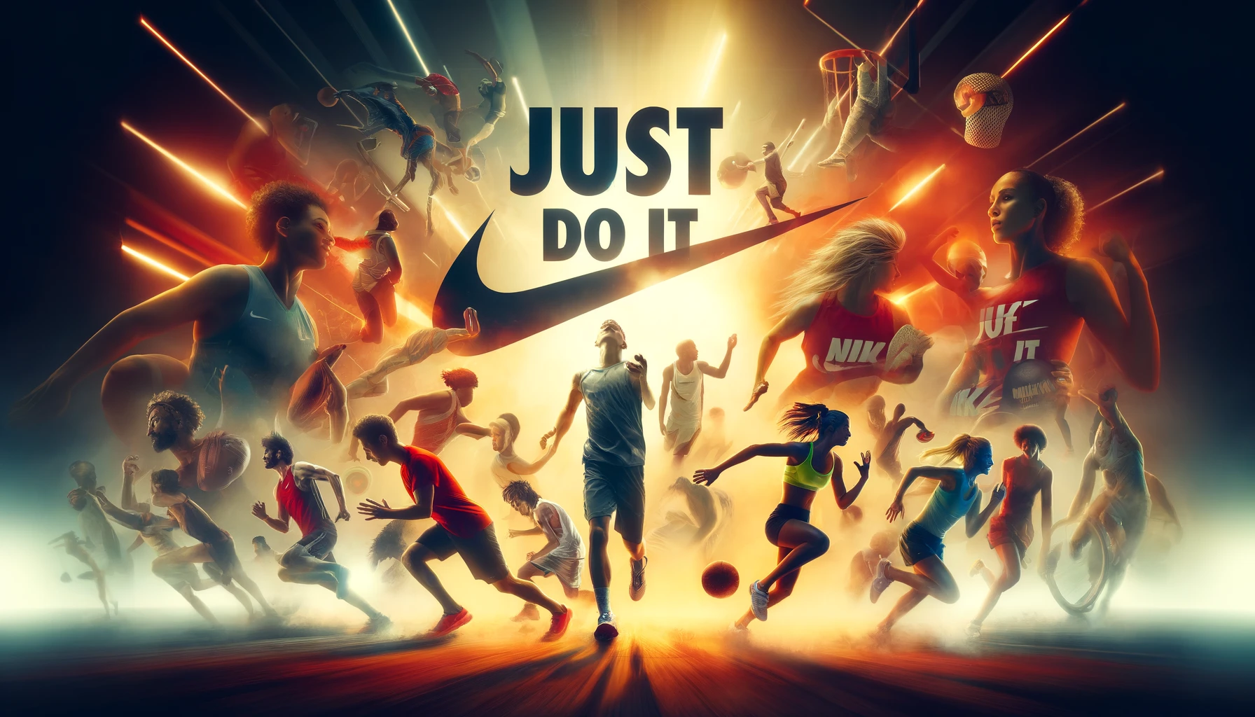 Nike 'Just Do It' visual marketing campaign featuring diverse athletes in dynamic action, wearing Nike gear while participating in sports like running, basketball, and soccer. The image emphasizes motivation and emotion, showcasing the power of minimal text and compelling visuals in an energetic setting, aligned with engagement strategies and visual storytelling.