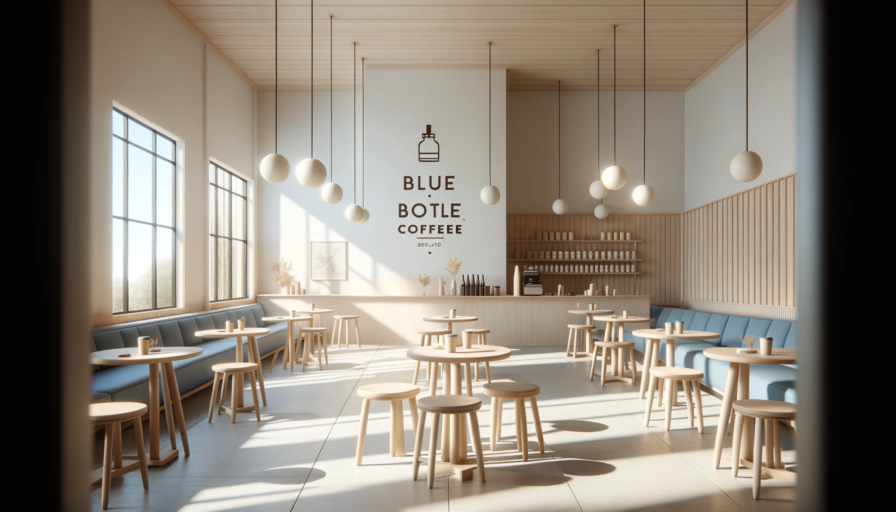 Minimalist interior of a Blue Bottle Coffee shop with natural lighting, simple wooden furniture, and uncluttered design, emphasizing open space and a neutral color palette.
