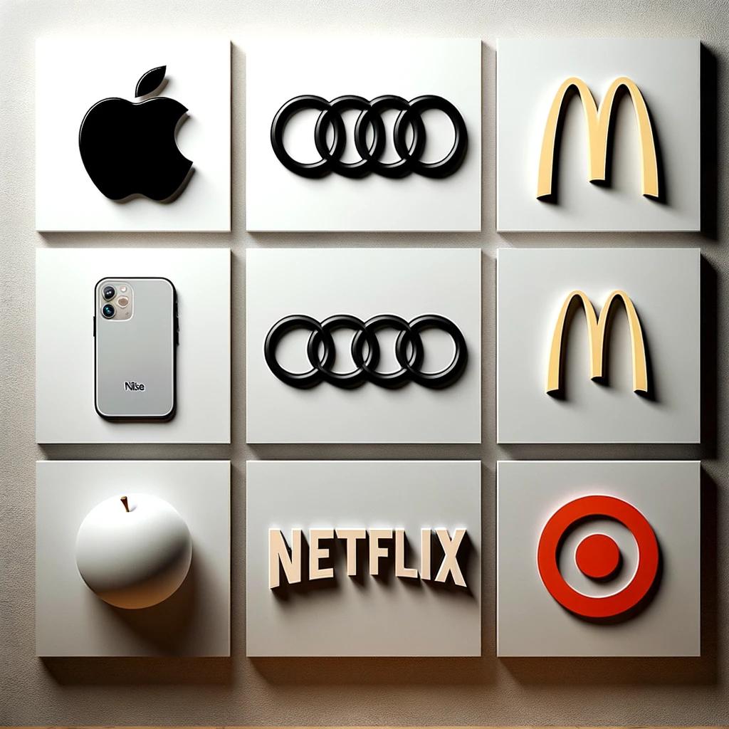 A graphic display of minimalist logos from prominent brands, including a stylized apple for Apple, a swoosh for Nike, four interlocked rings for Audi, a bold letter 'N' for Netflix, golden arches for McDonald's, a lowercase 'f' inside a circle for Facebook, and a red bullseye for Target. The logos are arranged against a neutral background, highlighting the simplicity and effectiveness of minimalistic design in brand recognition.