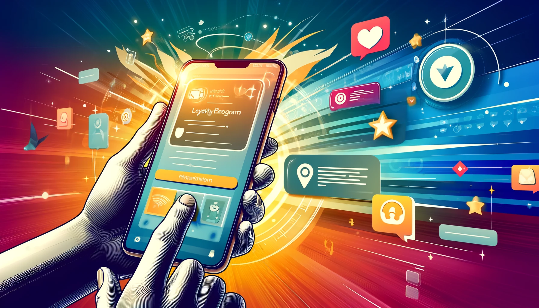An artistic illustration showing a person using a mobile app on a smartphone. The app displays various features of a digital loyalty program, including notifications for rewards and personalized offers. The background is colorful and abstract, emphasizing connectivity and user engagement with the technology that enhances customer loyalty.