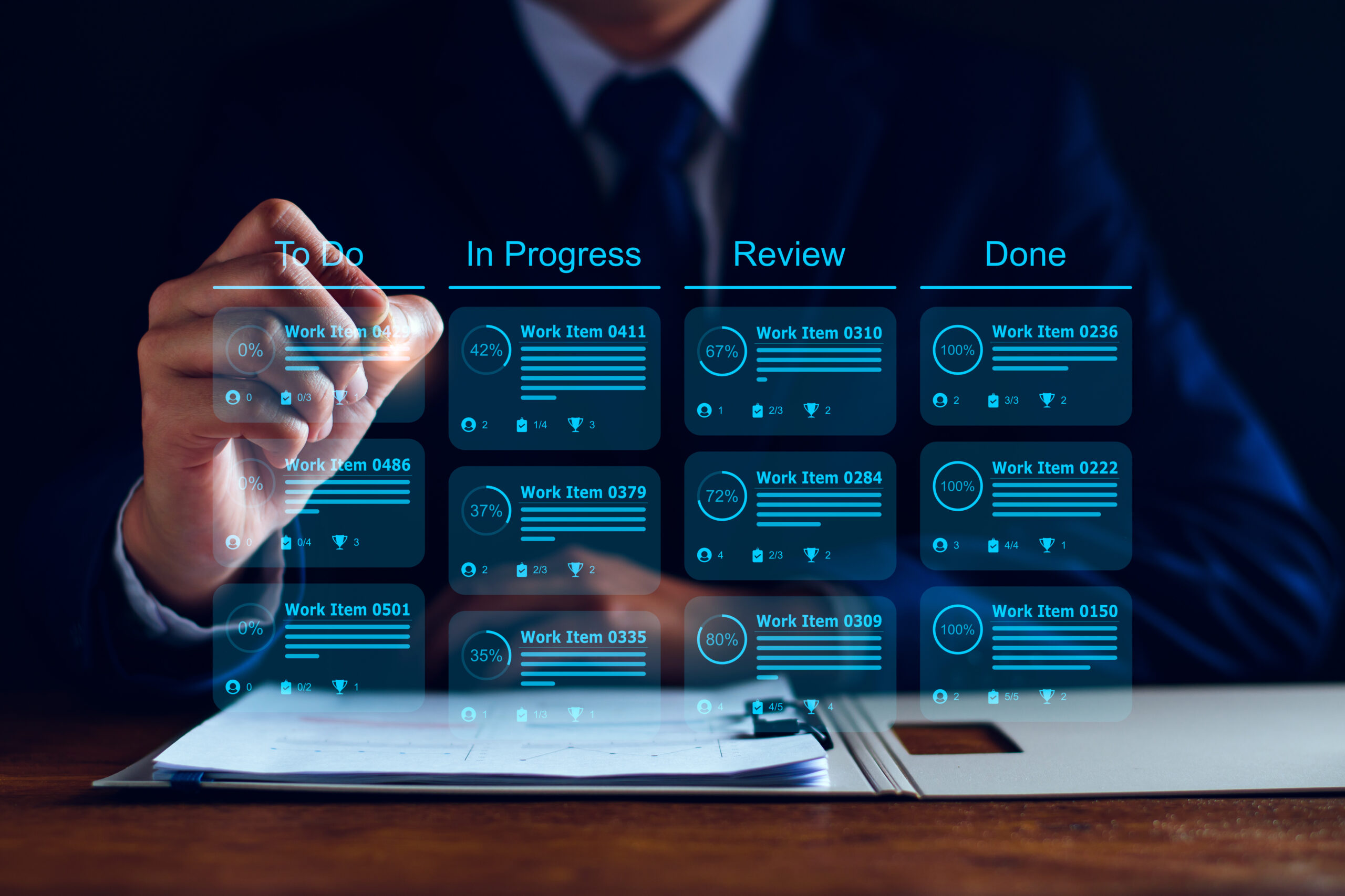 Agile software development or project management using kanban or scrum methodology boards on screen. Process, workflow, visual organization tools and framework. Developer touching virtual interface.