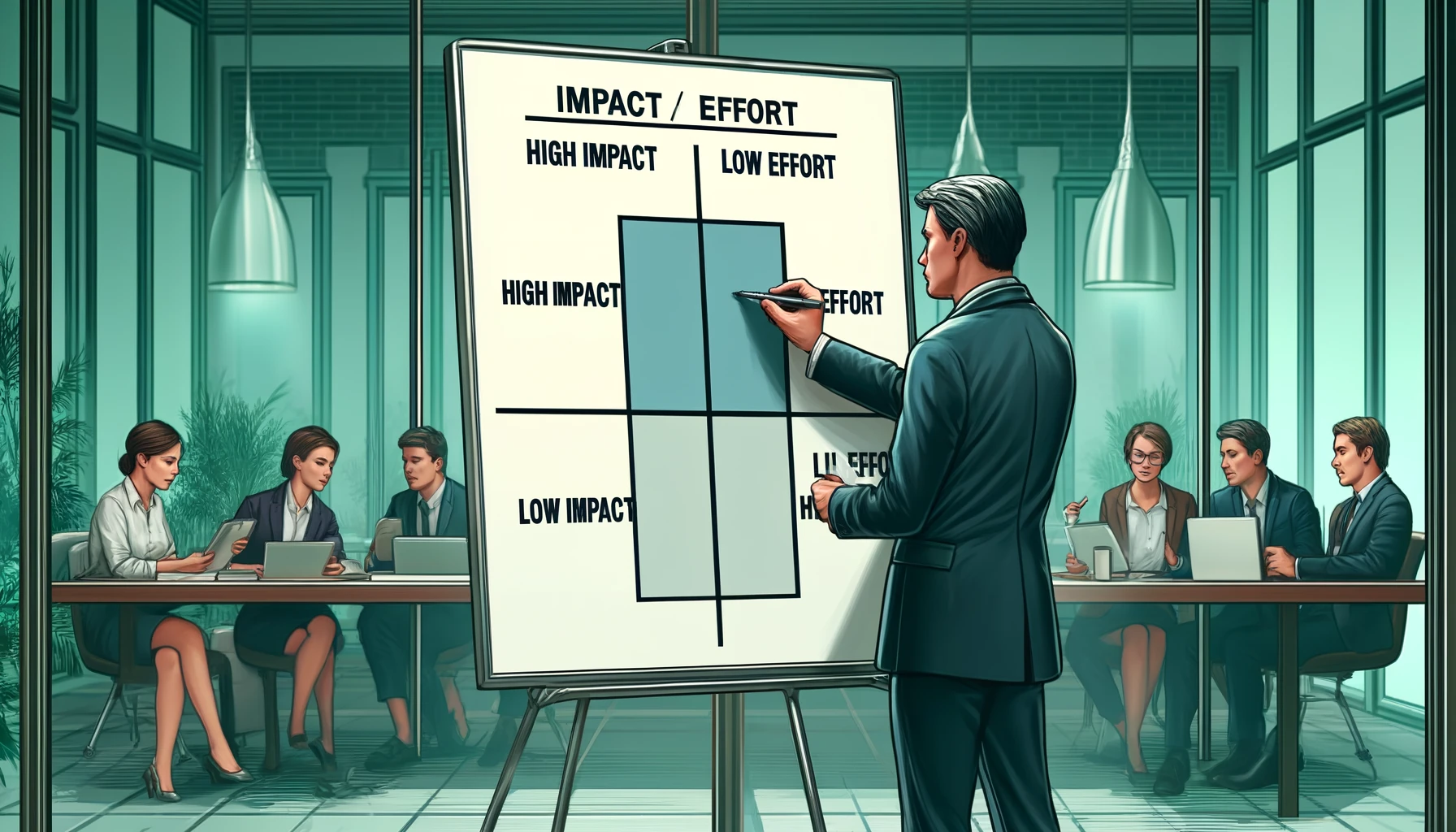 An illustrated image of a business leader using an Impact/Effort Matrix in a modern office setting. The leader, depicted in a professional environment, marks tasks into labeled quadrants: High Impact, Low Effort; High Impact, High Effort; Low Impact, Low Effort; and Low Impact, High Effort. Other team members discuss in the background, enhancing the collaborative atmosphere.