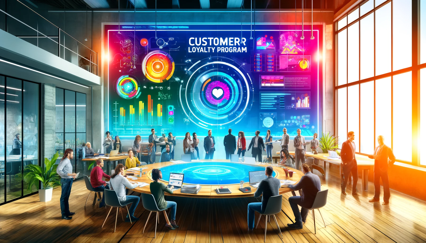A vibrant illustration showing a diverse group of professionals around a large touchscreen table in a modern office setting. The table displays an interactive customer loyalty program dashboard. This scene highlights a collaborative effort, with team members from various backgrounds engaging in discussions and analyses. The style is colorful and slightly abstract, emphasizing creativity and the integration of technology in business practices. Key visual elements include digital graphs, flow charts, and dynamic interfaces, all set in a bright, tech-inspired workspace.