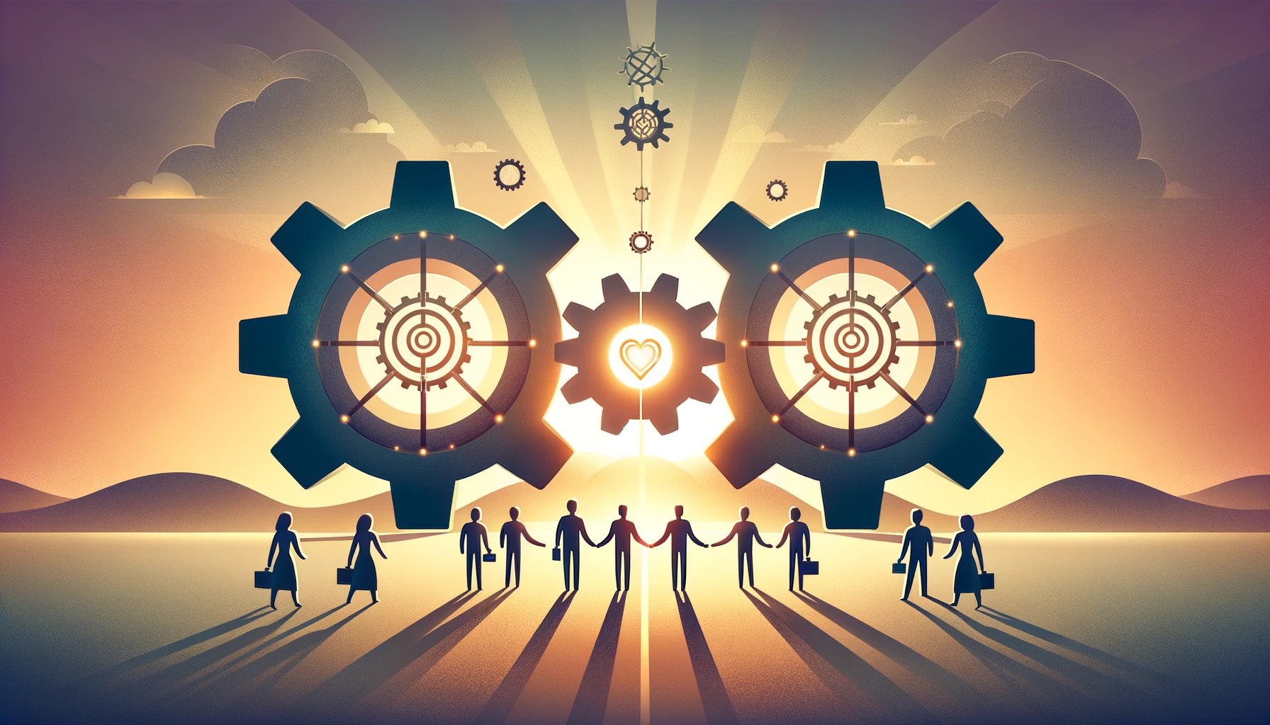 A wide, simple illustration showing Strategic Business Partnerships through figures on either side of large gears, working together to align them perfectly in the center, symbolizing the Partnership strategy and the synchronization of goals for Accelerated business growth. The emergence of a shared vision icon above the gears represents unified objectives, set against a gradient of dawn colors, highlighting the beginning of a harmonious and productive partnership.