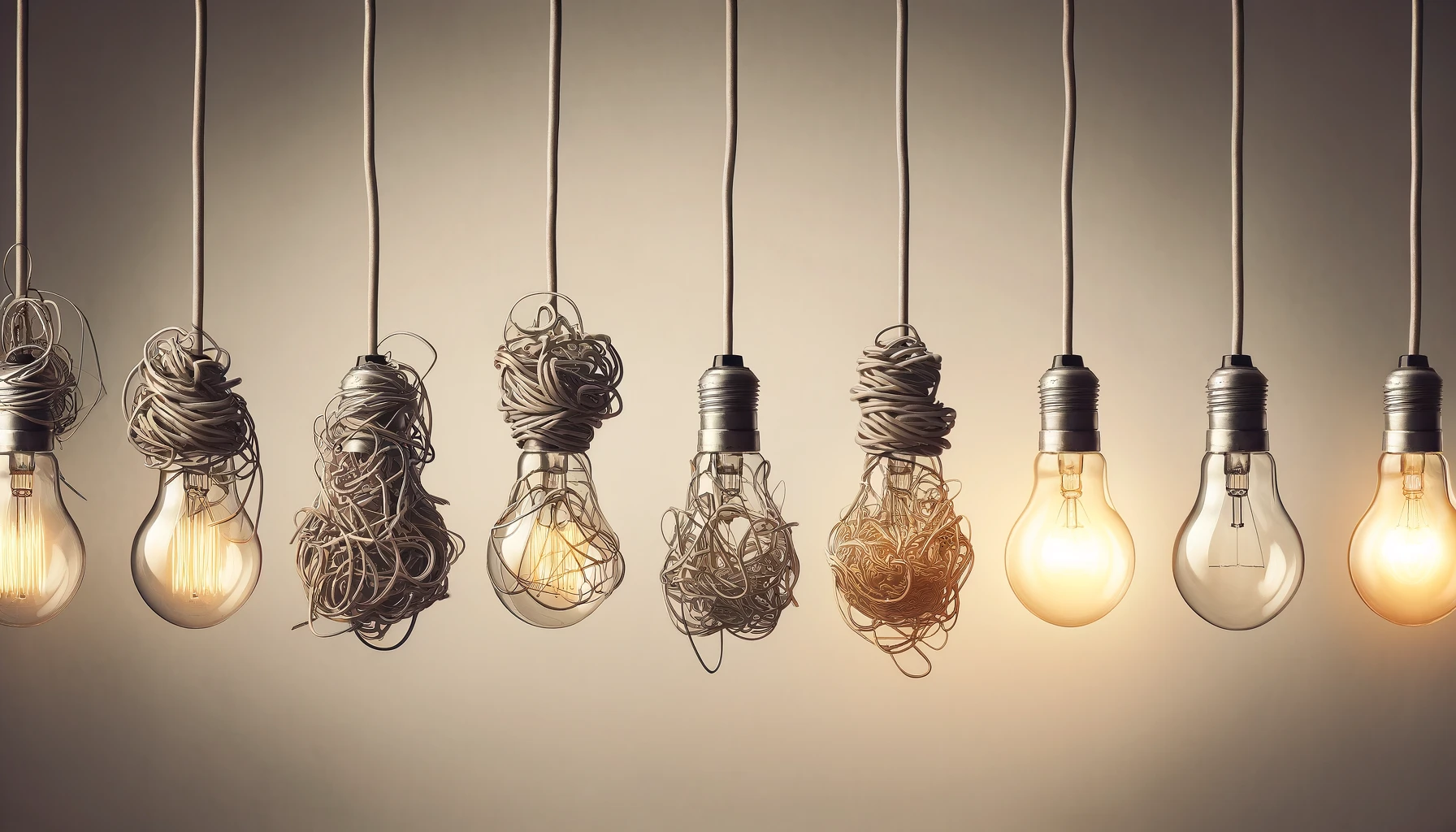 Four lightbulbs in a row with cords transitioning from tangled to untangled, symbolizing the simplification of a brand message.