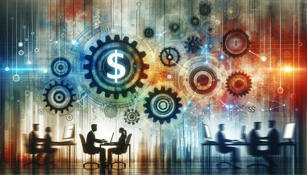 An abstract illustration representing cost reduction through business automation tools, featuring symbolic elements like gears and dollar signs, highlighting efficient scaling with automation and cost-effective tools.