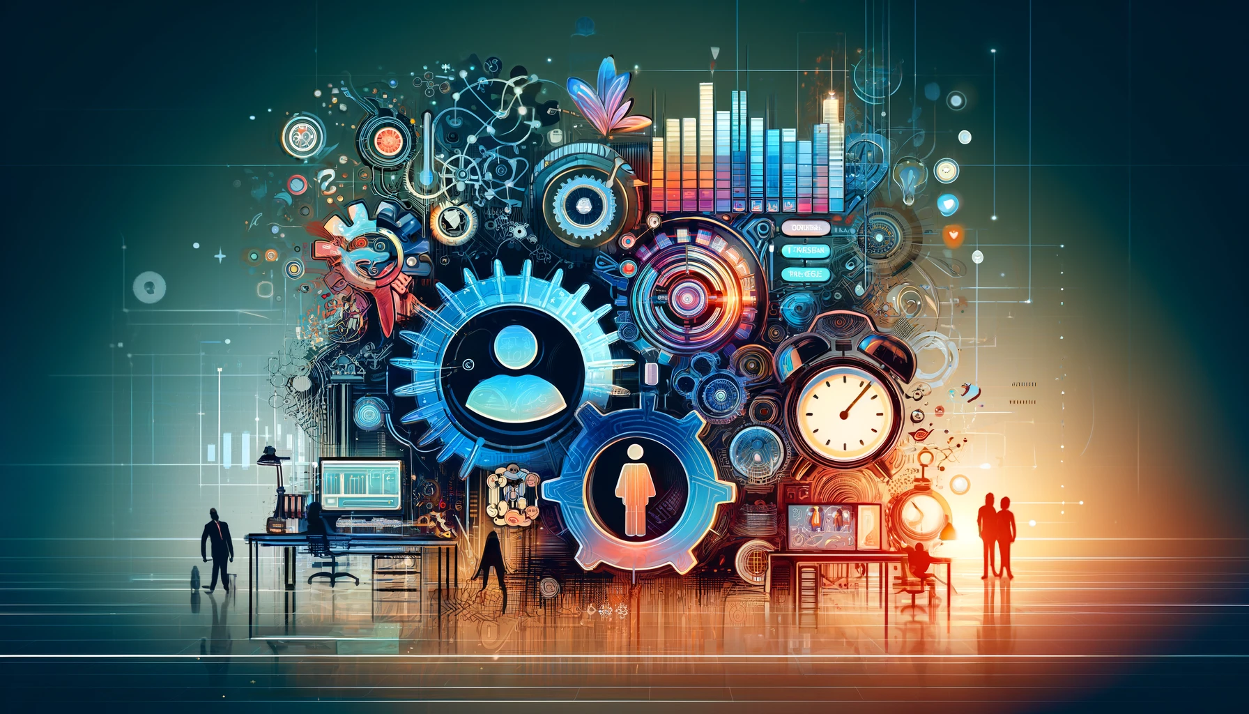 An abstract artistic illustration representing human resources automation, featuring gears, a clock, and a person icon to symbolize business automation tools and scaling with automation.