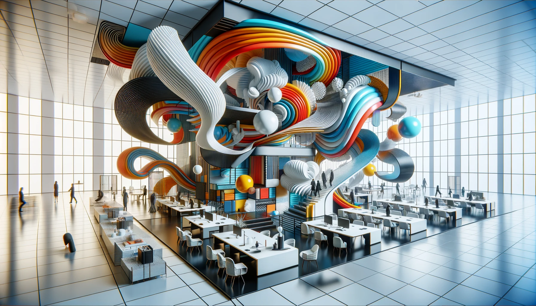 Abstract office scene with modular furniture and fluid design elements in bold colors, symbolizing the adaptability of businesses to changing customer needs. The image focuses on innovation and flexibility in a corporate environment, using vibrant colors and shapes to convey a dynamic approach to customer-focused strategies.