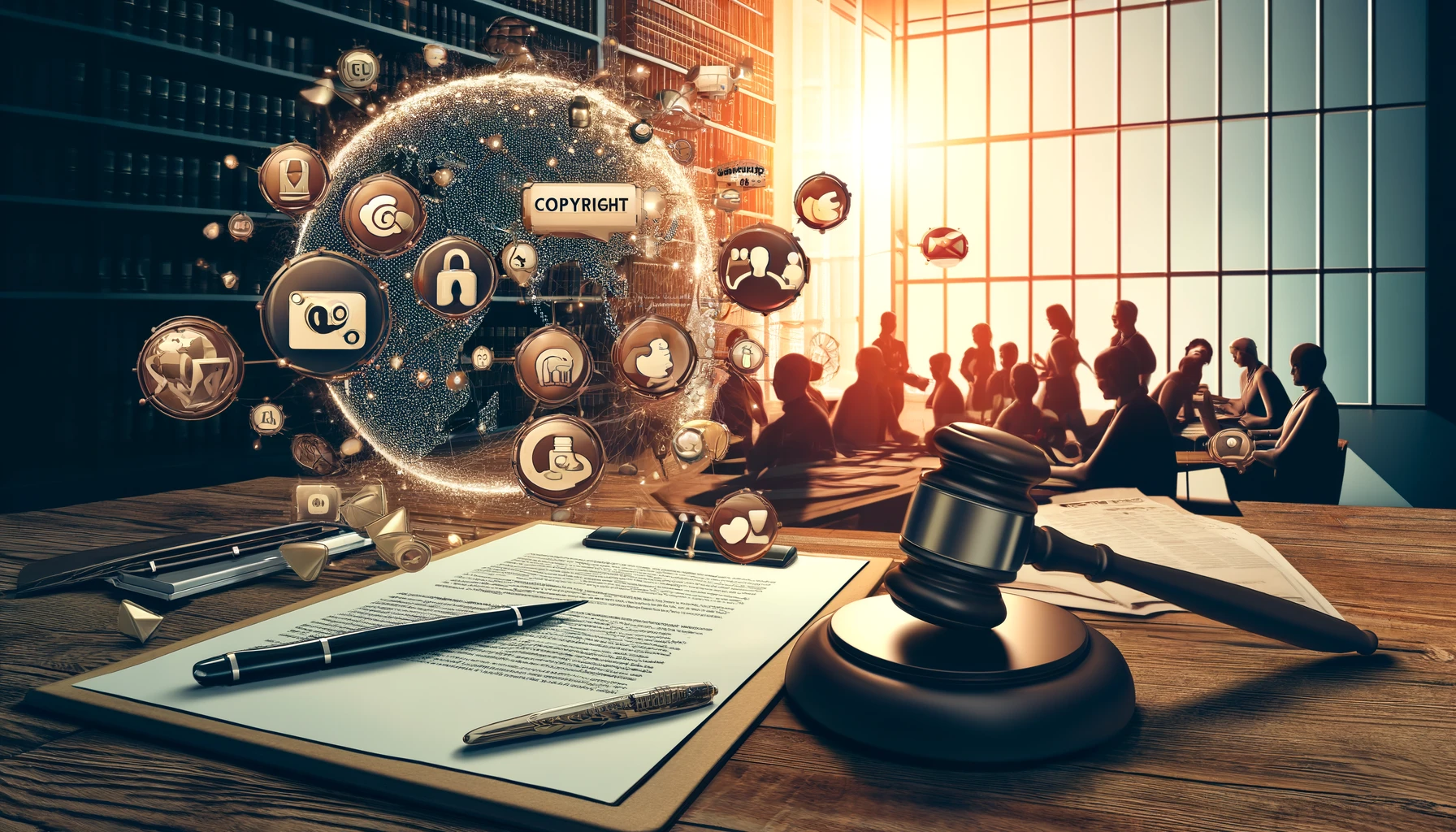 A professional image depicting a business setting focused on addressing legal and copyright issues in user-generated content marketing, featuring documents, a gavel, a digital screen displaying UGC, and copyright symbols, emphasizing caution and legal aspects of UGC strategies.