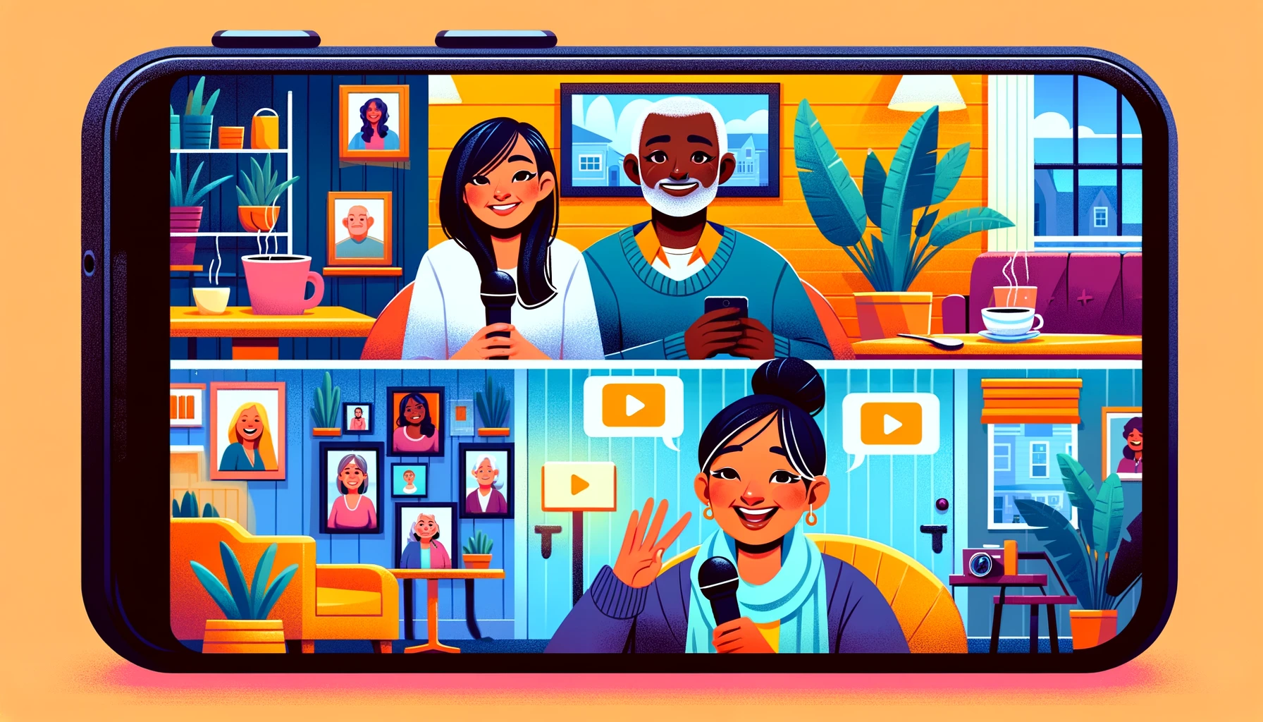 Wide, vibrant illustrative image featuring cartoon characters from diverse backgrounds providing video testimonials. Depicted are a young Asian woman in a cafe, a middle-aged Black man in an office, and an elderly Hispanic woman at home, each enthusiastically sharing their positive experiences. Perfect for demonstrating the impact of customer testimonials in a non-photo realistic style.