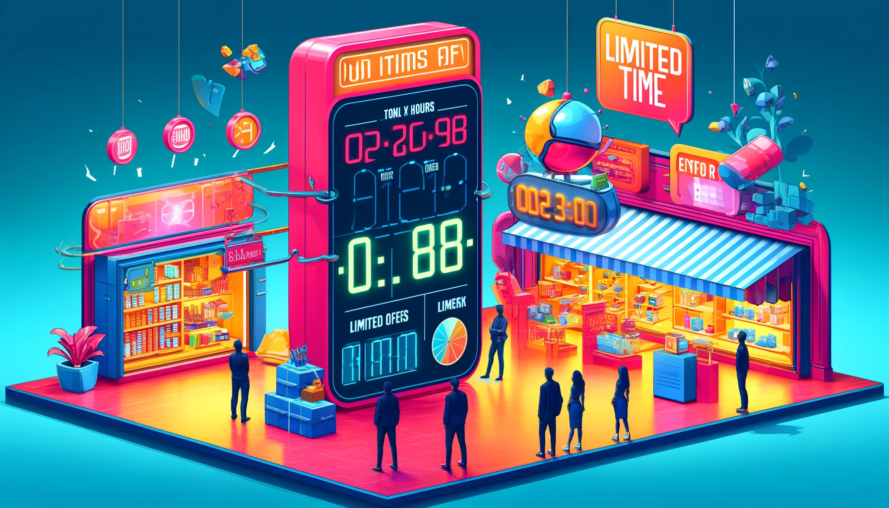 Digital illustration of a vibrant storefront with a large countdown timer and a limited stock display, showcasing the concepts of urgency and scarcity in offer creation for enhanced conversion tactics. Crafting Irresistible Offers.