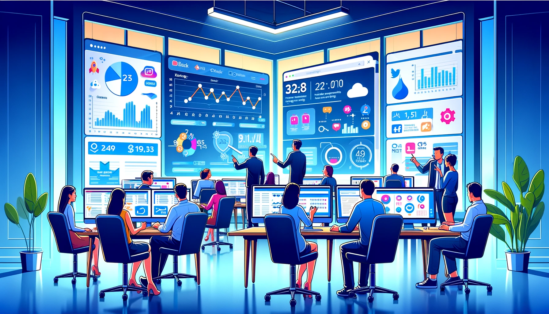 Illustration of a modern digital marketing office with a diverse team of professionals analyzing website and social media analytics. The vibrant, cartoonish style scene depicts team members discussing engagement metrics and data from multiple high-tech workstations, emphasizing the role of data analysis in successful rebranding strategies.