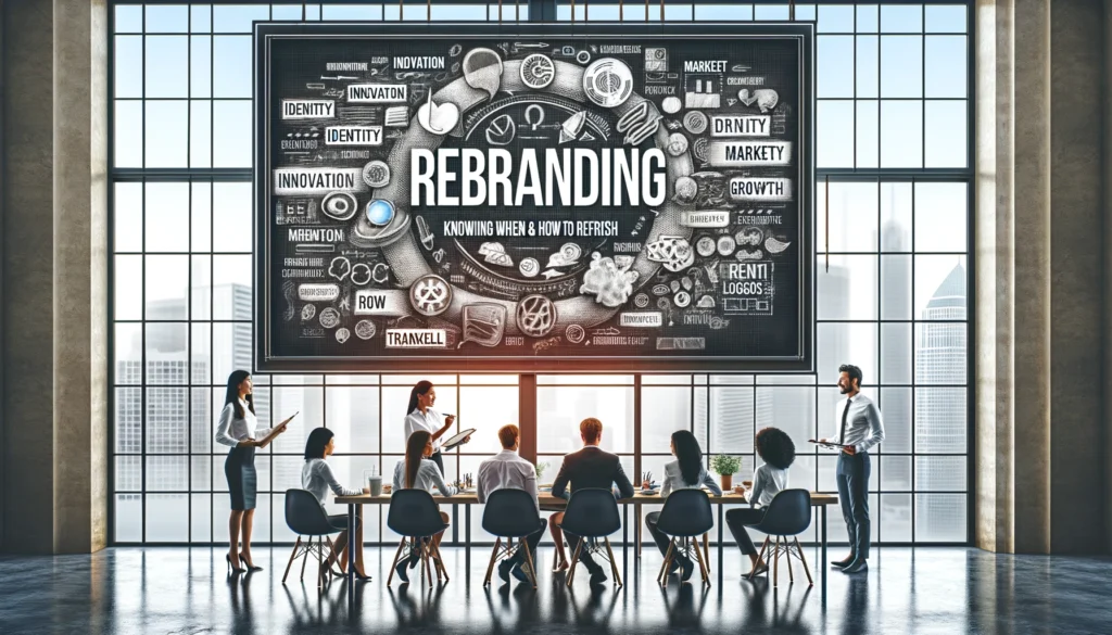 A dynamic office environment where diverse professionals discuss rebranding strategies around a brainstorming board filled with terms such as 'When to Rebrand' and 'How to Rebrand Successfully'. The board also displays sketches of evolving logos, symbolizing the transformation process in branding, with a cityscape visible through large windows in the background.