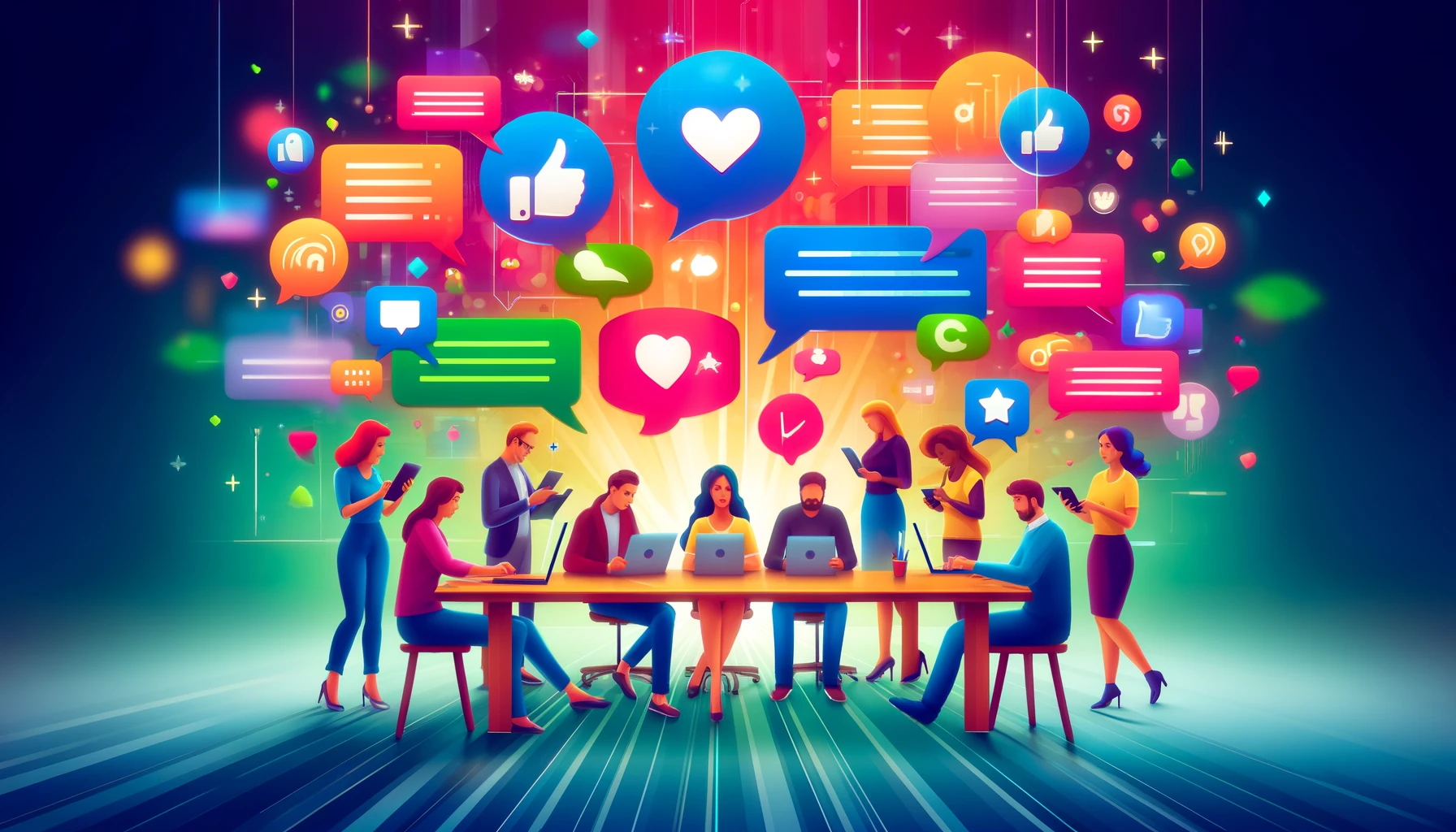 A vibrant illustration of a small business team engaging in lively conversations with community members online. The team is gathered around a table with laptops and smartphones, responding to comments and messages in a colorful digital space filled with speech bubbles, likes, and comments symbols, representing active engagement and community-driven branding.